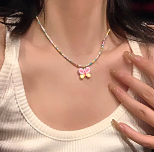 Colorful beaded butterfly pendant necklace, handmade necklace,colorful n... - $12.00