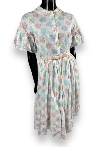 Primary image for Vtg 60s Eye-Ful Swiss Dot Pastel Floral Belted Dress Lace Trim Buttons Sz 34