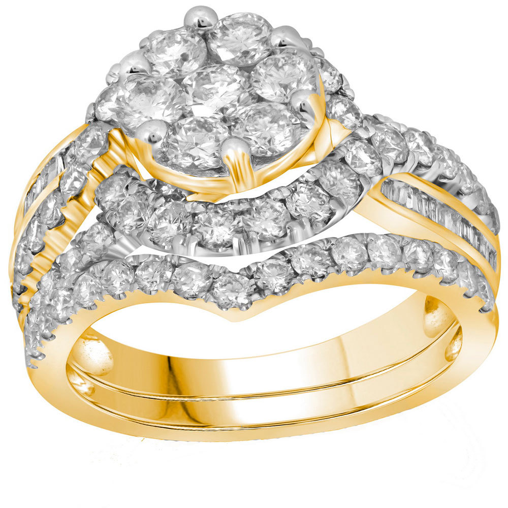 Primary image for 14kt Yellow Gold Round Diamond Flower Cluster Bridal Wedding Ring Set 2-1/2 Ctw