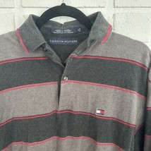 Vintage Tommy Hilfiger Long Sleeve Polo Grey Red Striped Mens Small - $18.61