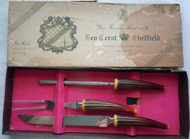 Vintage Red Crest Faux Staghorn Handles Stainless Steel Carving Set - £11.76 GBP