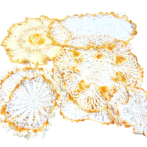 8 Vintage Mid Century Hand Crocheted Doilies Yellow Off White Pinwheel Diff Size - £21.16 GBP