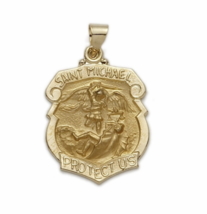 14K Gold Shield St. Michael Patron Of Police Officers Medal Necklace - £279.12 GBP