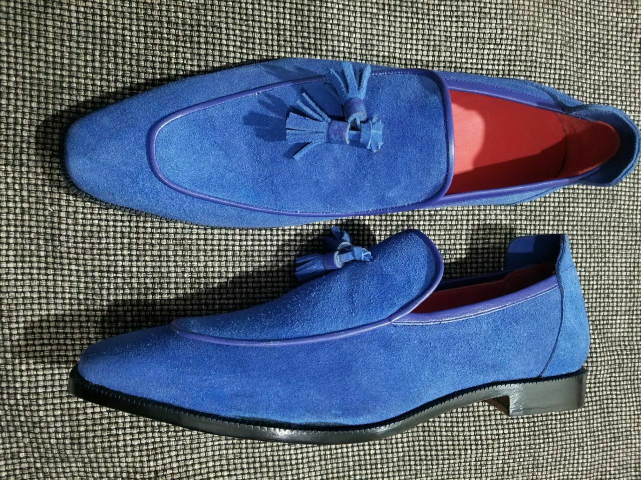 Men's Handmade Genuine Blue Suede Loafers Slip-On Moccasins Tussles Formal Shoes