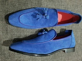 Men&#39;s Handmade Genuine Blue Suede Loafers Slip-On Moccasins Tussles Formal Shoes - £114.83 GBP