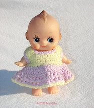 Vintage Vinyl 7&quot; Kewpie Cupie Doll with Hand Crocheted Outfit Lavender &amp; Yellow - £14.34 GBP