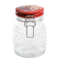 Pioneer Woman Clamp Jar Celia Red Floral Lid Embossed Clear Glass 38-oz ... - £20.95 GBP