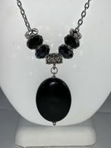 Hand Made 38 Inch Silvertone Cable Chain Necklace With Black Onyx Stone - £23.72 GBP