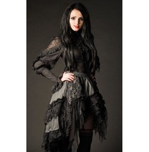 Goth Victorian Steampunk Gray Black Lace Knee Length Asymmetrical Ruffle... - $52.71