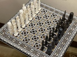 Luxury Chess Set Real Camel Bones &amp; Chess Table Inlaid Shell 18&quot; - $635.00