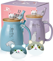 2 Pack Cat Mugs Cute Ceramic Coffee Cups Set of 2 with Kawaii Bamboo Lid and Spo - £21.42 GBP