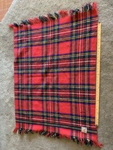 Curvon Crown Wool Baby Blanket Throw Red blue Cream Plaid Fringe Vtg 35 ... - $20.79