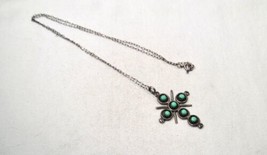 Vintage Sterling Silver Zuni Turquoise Cross Pendant Necklace K212 - £53.51 GBP