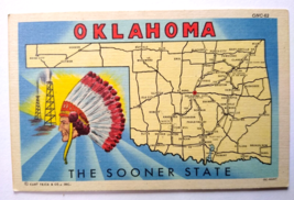 Greetings From Oklahoma Map Large Letter Linen Postcard Curt Teich Sooner State - £11.08 GBP