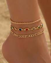 Crystal heart gold 3 piece ankle bracelet set - $277.24 MXN