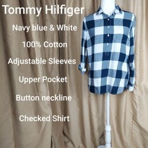 Tommy Hilfiger Navy Blue &amp; White Checkered Adjustable Sleeves Size L - £13.39 GBP