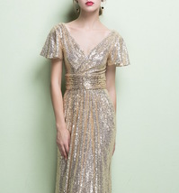 Gold Maxi Sequin Dress Women Cap Sleeve Retro Style Plus Size Sequin Dress image 6