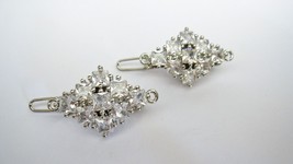 Two small tiny silver diamond shape crystal hair pin clip barrettes fine... - $10.95