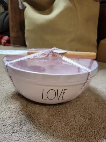 New Rare Rae Dunn Valentine&#39;s Day Pink “Love” Mixing Bowl &amp; &quot;Heart&quot; Spatula Set - $85.98