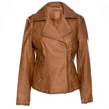 NWT Womens Size Medium MAX STUDIO Cognac Brown Washed Faux Leather Moto ... - $39.19