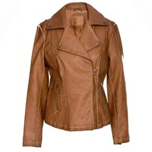 NWT Womens Size Medium MAX STUDIO Cognac Brown Washed Faux Leather Moto ... - £30.78 GBP