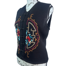 Carole Little Floral Embroider Asian Knit Cardigan Vest Sweater VTG Women Sz M - £24.77 GBP
