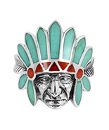 Native American Style Synthetic Coral-Green Turquoise Inlay .925 Silver ... - £24.61 GBP