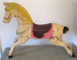 Antique Carved Wood Painted White Carousel Horse w/ Horsehair Tail Yellow Mane - £1,734.81 GBP