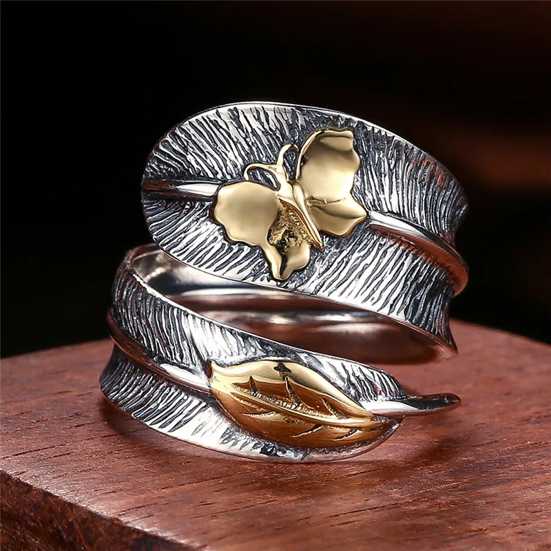 Real 925 Sterling Silver Dragonfly Feather Leaf Retro Finger Rings for Women Par - £28.21 GBP