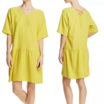 Eileen Fisher Dress Yellow Drop Waist Tie Back V-Neck Large Shirtdress - $59.00