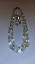 Vintage white translucent clear beaded necklace clip earring set Aurora borealis - £39.55 GBP