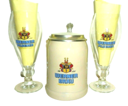 Werner Brau +2000 Poppenhausen lidded German Beer Stein & 2 Werner Beerglasses - $39.50