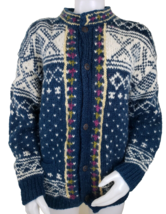 Vtg Nepal Nordic Sweater Womens M Blue Fair Isle 100% Wool Handmade Card... - $79.36