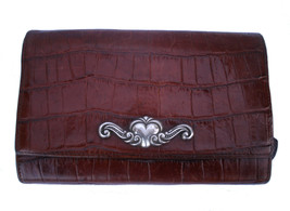 Brighton Brown Croc Embossed Leather Large Checkbook ID Wallet Clutch Bag Silver - £37.56 GBP