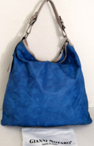 Gianni Notaro Italian Designer Floral Embossed Blue Leather Lg Hobo Bagnwt! - $178.69