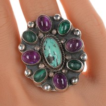 Adjustable Navajo Sterling turquoise, malachite, and amethyst ring - $171.52