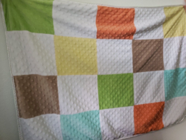 Just Born Baby Blanket Patchwork Squares Green Orange Brown Blue Minky Dot Bumpy - $29.68
