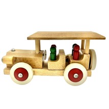Vintage Wooden Car and People Toy 8.5 x 3.5 Brown Red Green Wood Rubber Wheels - £19.84 GBP
