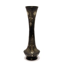 Solid Brass India Vase Black And Gold Etched Brass Floral Leaf Vintage 8&quot; - £11.84 GBP