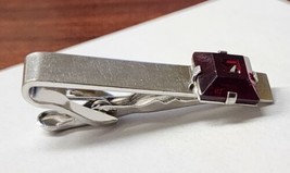 Vintage SWANK Silver Tone TIE BAR CLIP CLASP STAY w/ Square Faceted Red ... - $9.49