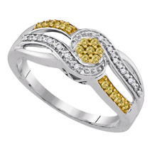 Sterling Silver Womens Round Yellow Color Enhanced Diamond Swirl Cluster Ring - £64.25 GBP