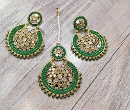 Indian Gold Plated Bollywood Style Glass Kundan Earrings Tikka Jewelry Set - £22.44 GBP