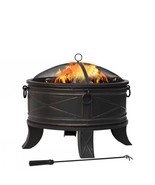 26-inch Round Steel Outdoor Fire Pit with Cover and Poker in Bronze - $423.99 CAD