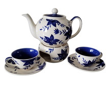 Hues n Brews Teapot Set 2 Tea Cups Saucers Tea Pot &amp; Candle Warmer Blue Floral - £61.39 GBP