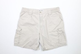 Vintage Columbia Mens 34 Faded Spell Out Above Knee Cargo Shorts Beige Cotton - £35.01 GBP
