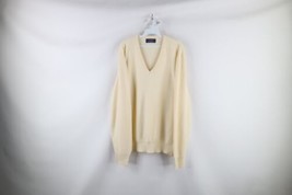 Vintage 70s Streetwear Mens XL Distressed Blank Knit V-Neck Sweater Cream USA - $44.50