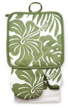 Green Hibiscus Floral Dish Towel Oven Mitt Pot Holder Set of 3 Beach SummerHouse - £18.98 GBP