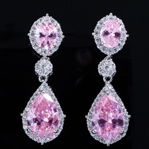 Silver pink sapphire cz crystal topaz bridal wedding long big teardrop earrings jewelry thumb200