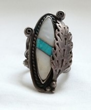 Native American Mother Of Pearl Turquoise Inlay Sterling Silver Ring - $126.72