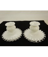 Set of 2 White Milk Glass Candle Holders, Fenton Ruffled Silver Crest, V... - $29.35